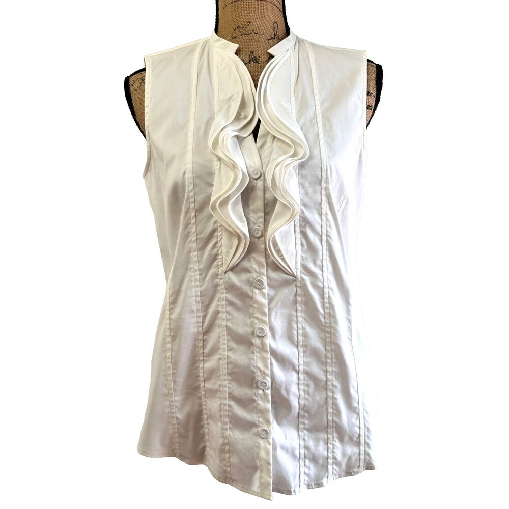 Akris Punto Women White Ruffle Front Sleeveless Cotton Stretch Blouse Sz 8 Swiss